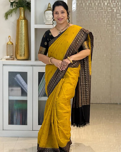 Kanchipuram Silk Saree Yellow with Black Border